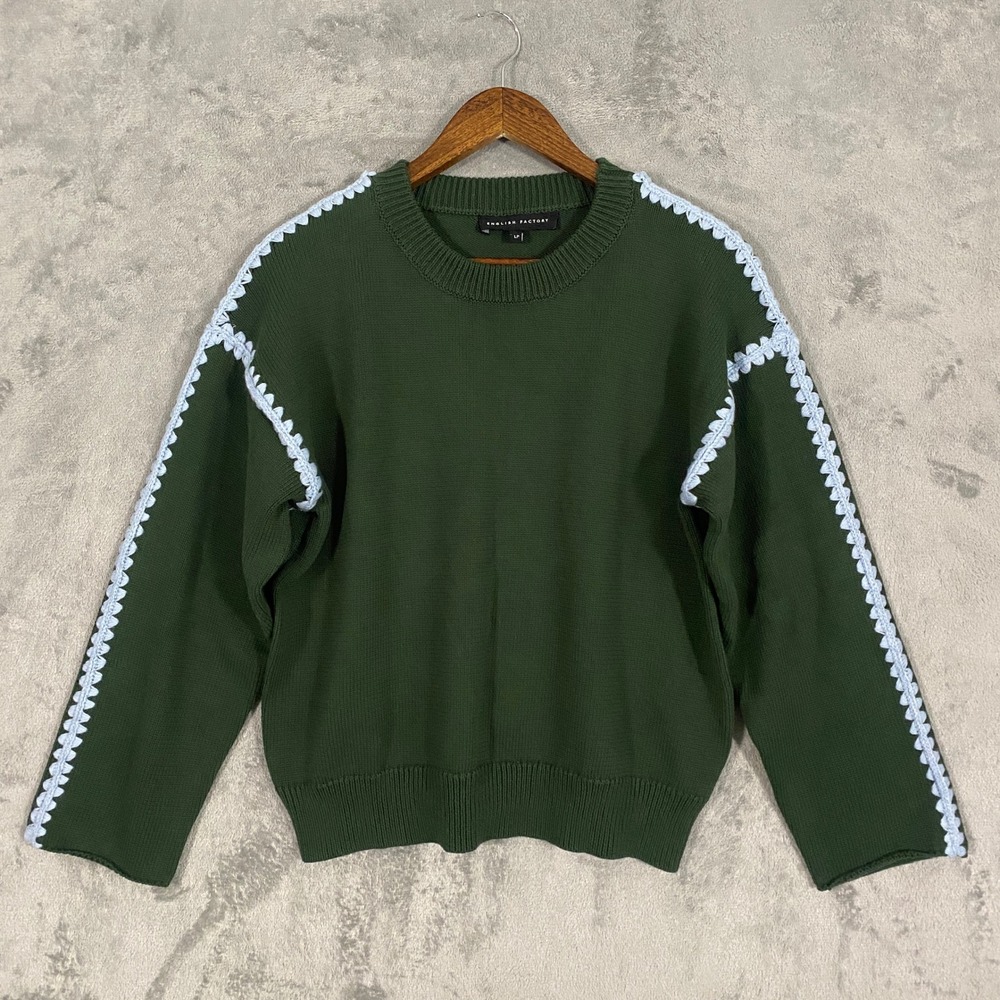 English Factory Sweater Sz LP Green Crochet Trim Long Sleeve Cotton Cottagecore